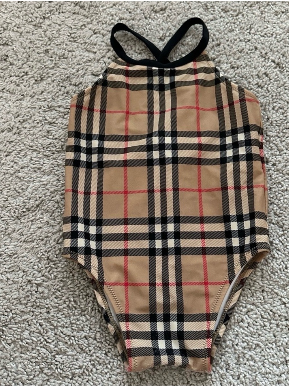 Burberry Tan Plaid Kids One-Piece Swimsuit with Black Straps